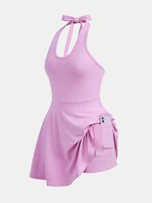 SHEIN Girlism 少女粉色针织修身蝴蝶结装饰休闲优雅连衣裙 - 粉色 - 查看 6