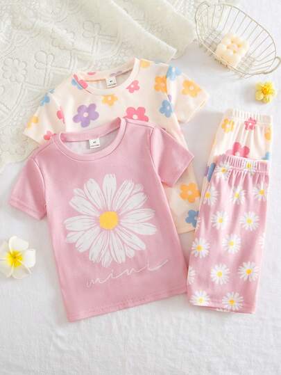 SHEIN 4pcs/Set Young Girl Floral Print Comfortable Short Sleeve T-Shirt And Casual Skinny Shorts Pajamas