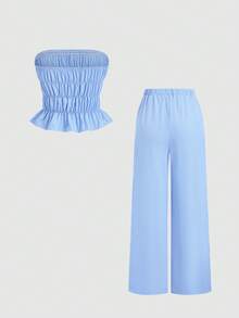 Sweetra Spring Lazy Blue Striped Cropped Camisole & Wide Leg Casual Pants 2-Piece Set For Women - Blue - View 2