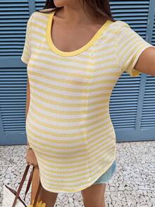 SHEIN Áo cho con bú tay ngắn cổ tròn kẻ sọc kiểu dáng thường ngày - Màu vàng - Xem 3