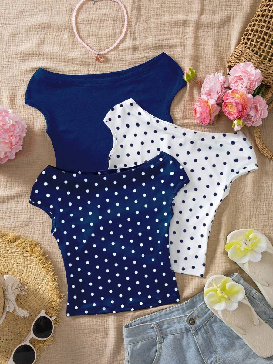 Sparklyn 3 pièces T-shirts multicolores à épaules dénudées ajustés pour les préadolescentes en vacances - Bleu marine - Voir 1