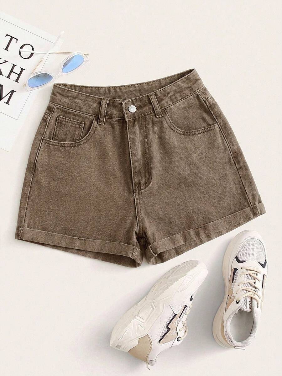 Rivivi Plus Size Solid Color Rolled Hem Waist Belt Loop Casual Summer Versatile Denim Shorts - Brown - View 1