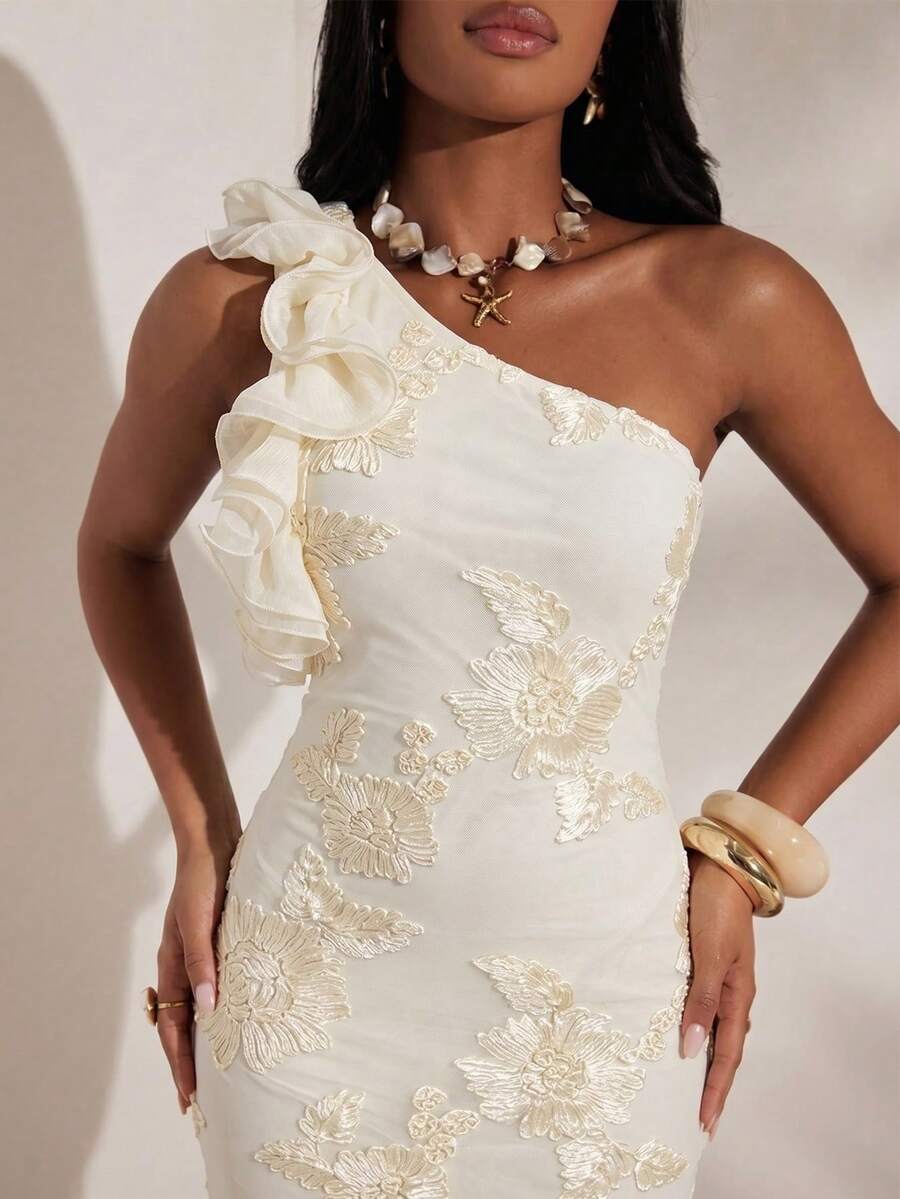 Women's Elegant Jacquard Waist-Cinched Long Dress, Suitable For Parties And Events Ibiza Outfits, Western Style,Summer Holiday Outfits ,Holiday Outfits For Women,Holiday,Vacation Outfits For Women Ruffle Embroidered Dress Cream One Shoulder Dress Brunch Outfits For Women - Apricot - View 1