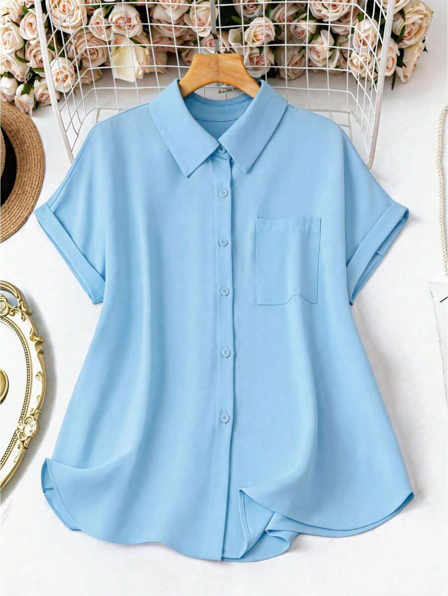 SHEIN LUNE 大码女式红色休闲短袖衬衫,夏季上衣,女士度假外出衬衫 - 藍色 - 查看 1