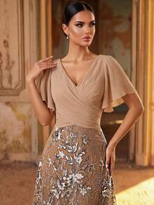 Aureia Elegant Luxurious Beige Spring Wedding Dress,Gold & Silver Embroidered Ruffle Sleeve,Bridal Mother Of The Bride Formal Occasions Party Holiday Dress - Multicolor - View 5