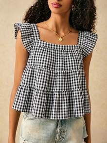 SHEIN Frenchy 女士休闲格子多层荷叶边衬衫，夏季女装 - 彩色 - 查看 5