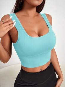 Gameset SHEIN Sport 女士纯色罗纹无缝运动文胸，适合日常健身 - 淺藍色 - 查看 5
