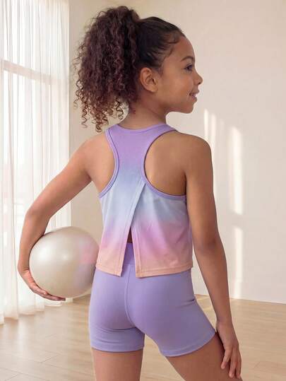 SHEIN Bộ áo và quần short không tay màu tím gradient dành cho bé gái – Chất liệu co giãn cao cấp, ôm sát cơ thể, thiết kế lưng thể thao, hoàn hảo cho tập thể dục, đạp xe, chạy bộ và các môn thể thao dùng bóng.