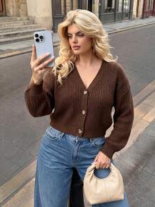 Dripcurv Cardigan de Malha Canelada com Botões, Cor Sólida, Casual, Plus Size, Outono/Inverno - Castanho - Visão 1