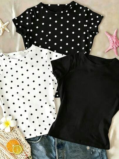 Bộ 3 áo thun ngắn tay in chấm bi đen trắng kỹ thuật số dành cho bé gái tuổi teen, kiểu dáng thoải mái và năng động, phù hợp cho các hoạt động ngoài trời, thể thao, chụp ảnh, đi học, lễ hội, làm quà tặng và mặc hàng ngày.