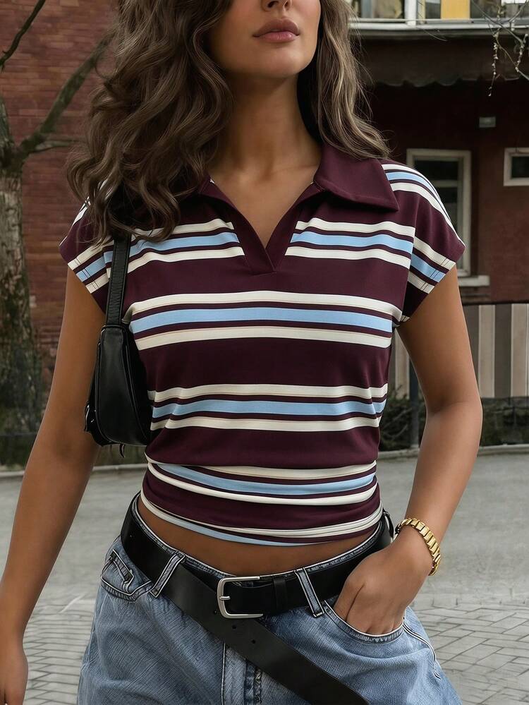 Aloruh Camisa polo de mujer de estilo retro Y2K con rayas multicolor, de ajuste holgado, con estilo universitario preppy, nueva para primavera/verano, con vibra de "old money" - Multicolor - Ver 12