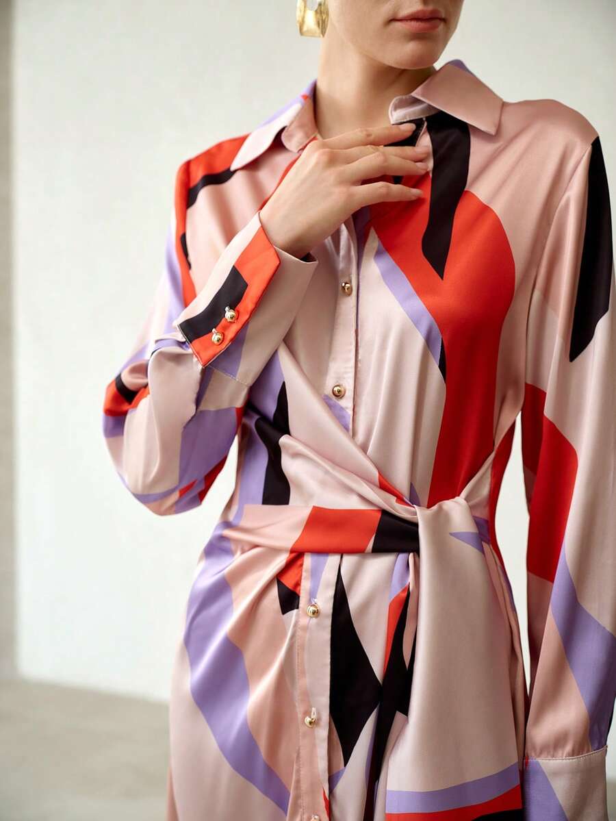 MOTF PREMIUM VINTAGE GEOMETRIC COLOR BLOCK PRINT LONG SLEEVE SHIRT DRESS, SPRING/SUMMER - Purple - View 2