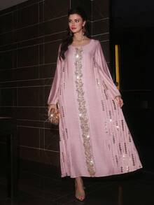 Layrah Vestido de manga larga con cuello redondo, bordado y con cuentas, acampanado, para primavera/verano - Rosa - Ver 10