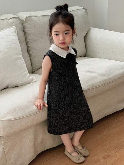 Dazy Kids Đầm không tay cổ phối màu thanh lịch cho bé gái, đầm mùa xuân/hè cho nữ.