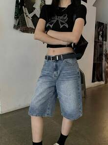 DAZY 女士韩版休闲水洗宽松牛仔短裤，夏季必备 - 淺藍色 - 查看 5