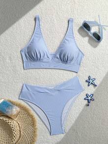 SHEIN Swim Vcay Bộ đồ bơi đặc biệt cho kỳ nghỉ, gồm áo bơi buộc cổ và quần bơi cạp lửng chéo phía trước, chất liệu vải kẻ sọc. - Nhiều màu - Xem 5