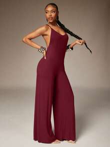 Denimoi Bộ jumpsuit hở lưng ống rộng, jumpsuit gợi cảm, jumpsuit lưng chữ X, thích hợp cho kỳ nghỉ ở Ibiza, mùa hè châu Âu. - Màu Đỏ Sâu - Xem 1