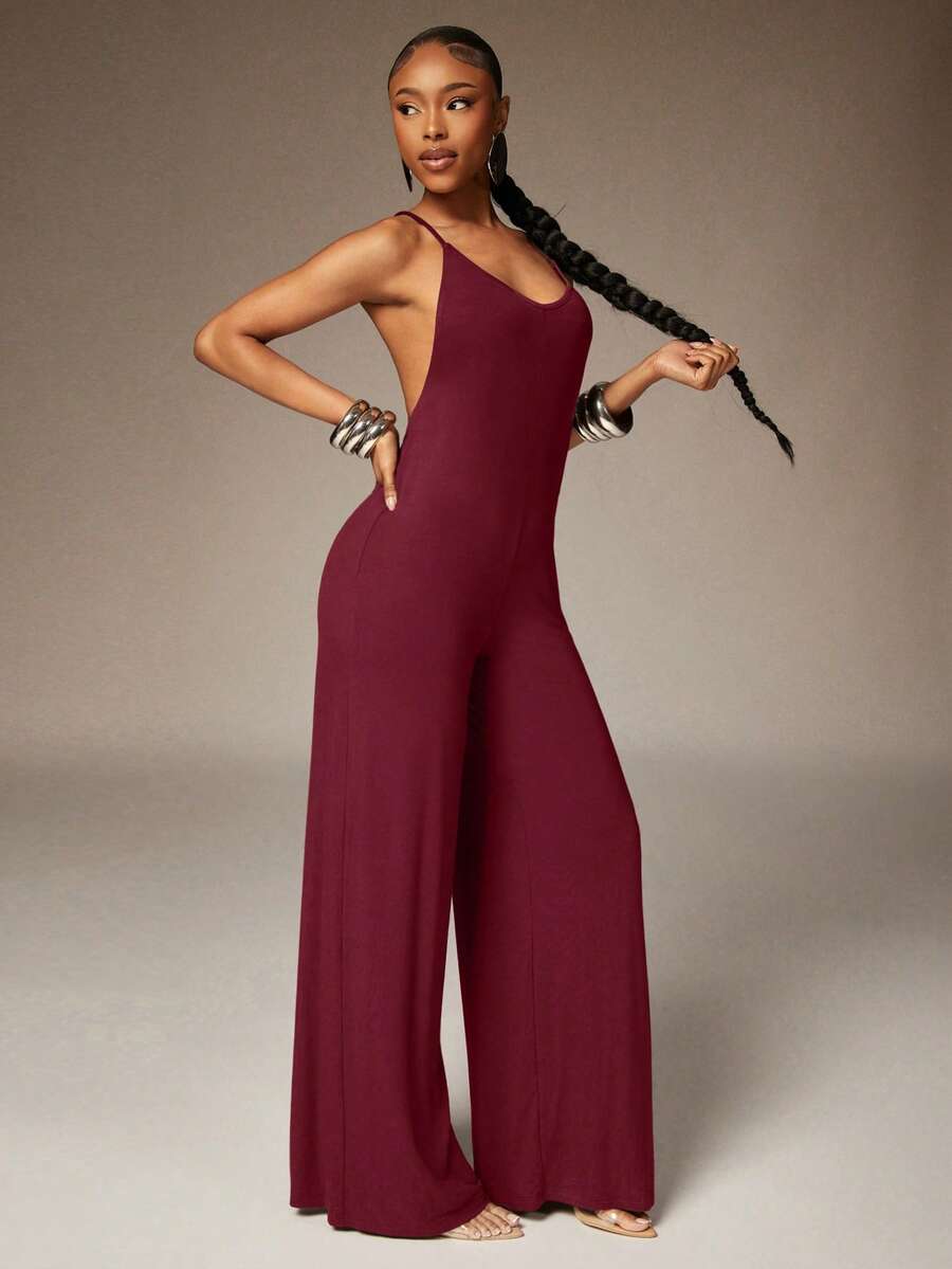 Denimoi Bộ jumpsuit hở lưng ống rộng, jumpsuit gợi cảm, jumpsuit lưng chữ X, thích hợp cho kỳ nghỉ ở Ibiza, mùa hè châu Âu. - Màu Đỏ Sâu - Xem 1