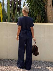 Bộ đồ hai mảnh bằng vải denim dành cho nữ - Rửa tối - Xem 6