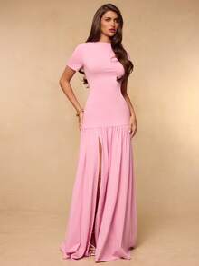 SHEIN BAE Vestido maxi elegante de unicolor rosa con manga corta ajustada, abertura alta y fruncido, para primavera/verano - Rosa - Ver 6