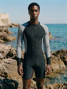 ZELFYO Men's Black Contrast Color Raglan Sleeve Slim Fit One-Piece Swimsuit Rashguard,Summer Atletic Beach Holiday Wetsuit Swimming Bathing Suits,1pc - Black - View 4