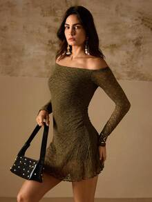Swim Chiccia Vestido de mujer de moda versátil con bordado de encaje y hombros descubiertos - Verde - Ver 5