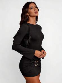 Avenya Minimalist Waist And Buttocks Ruched Patchwork Metal Decoration Coffee Brown Mini Dress, Suitable For Stylish Street Wear, Beach Vacation, Italian Holiday, Going Out, Cruise Outfits, Brunch Outfits, Office Outfits, Teacher Outfits, Office Siren, Sexy Goddess, Spicy Girl Style, Y2K,Homecoming, Summer&Autumn - Black - View 6