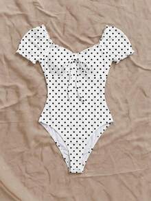 Soleia Body con estampado de lunares, fruncido en el torso y detalle de nudo delantero - Blanco - Ver 4