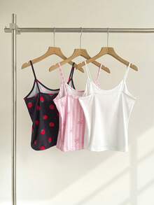 SweetSlumber Women's Sweet Cute Bow Strawberry Striped Print 3 PiecesCamisole Pajama Set - Multicolor - View 2
