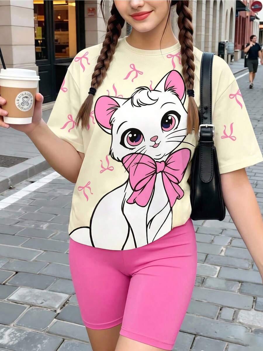 少女数码猫咪蝴蝶结印花短袖打底裤套装,休闲舒适的春夏装,适合户外、运动、摄影、居家、上学、节日等多种场合,也是馈赠佳品。 - 彩色 - 查看 1