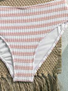SHEIN Teen Girls' Pink & White Striped Textured Halter Tankini Top, Suitable For Swimming, Vacation, Beach Wear, Children's Swimsuit Set, Summer Holiday - Pink - View 3