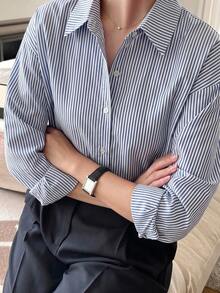 DAZY Women's Striped Single-Breasted Casual Versatile Daily Wear Shirt - Blue - View 4