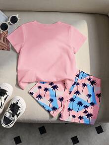 SHEIN Playful Pals 一套幼儿男童两件套休闲度假套装，包括一件印有经典椰子树和字母图案的针织圆领T恤和一条配套印花短裤，适合春夏季节、休闲、户外、上学和度假穿着。 - 彩色 - 查看 2