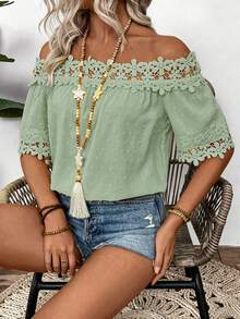 EMERY ROSE Textured Fabric Ruffle Detail Off Shoulder Blouse - Green - View 9