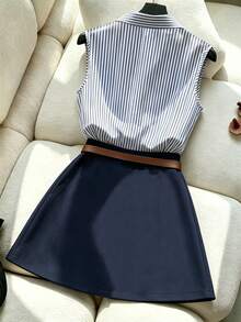GlowEve Women's Blue & White Striped Collared Sleeveless Shirt And High Waist Suit Skirt Commuter Set - Blue - View 2