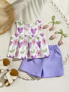 SHEIN Playful Pals 女童两件套夏季圆领无袖上衣搭配红色短裤。清新红白撞色，梭织面料，宽松版型。风格甜美、优雅、田园风，通体印有樱桃图案，活泼可爱。适合日常外出、上下学、参加派对、生日聚会、度假旅行等场合。 - 紫色 - 查看 8