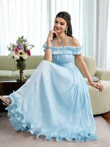Modelyn Váy nữ màu xanh nhạt thanh lịch cho khách mời đám cưới mùa hè, váy phồng dáng dài chữ A ôm sát trễ vai bèo nhún kiểu Pháp thời trang dạo phố tiệc tùng nghỉ dưỡng - Màu xanh lam - Xem 1
