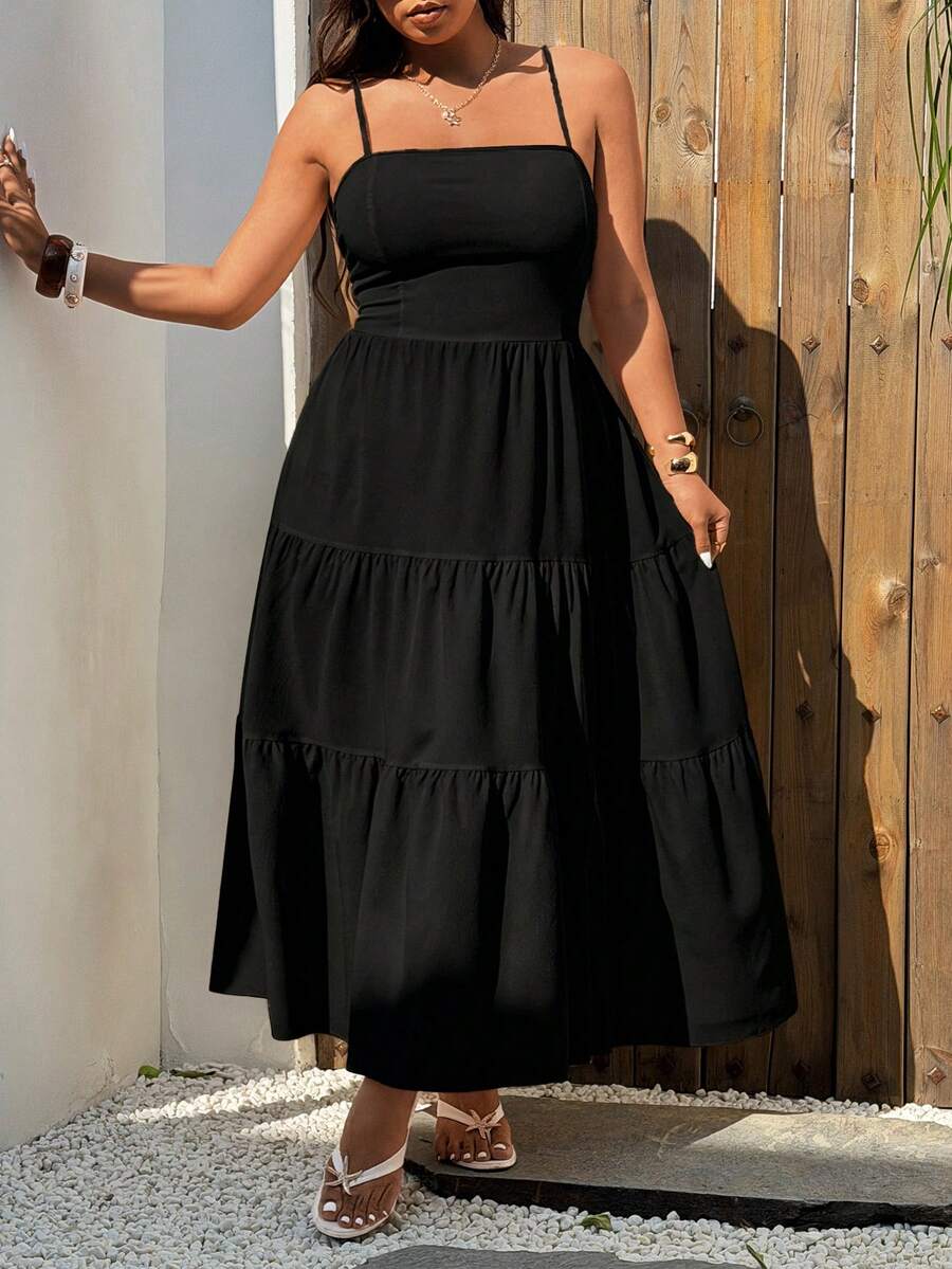 Sunnyshic Plus Size Fashionable Versatile Casual Vacation Textured Strapless Backless Dress, Spring/Summer - Black - View 1