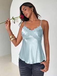 Aloruh Women's Elegant Sexy Lace Patchwork Satin Camisole - Baby Blue - View 3