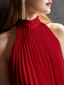 MOTF Petite Đầm midi xếp ly, eo chun, cổ yếm, mùa xuân/hè - Đỏ - Xem 2
