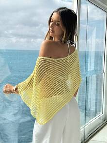 Aloruh Elegant Vacation & Commute Casual Light Yellow Knit Sweater, Beach Cover-Up - Light Yellow - View 2