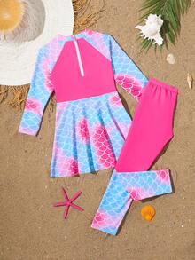 Young Girls Mermaid Tankini Set, Spaghetti Strap Crop Top With Mermaid Tail Print, Solid Color Splice Fish Scale Patterned Bottoms, 2 Pieces Swimwear - Hot Pink - View 2