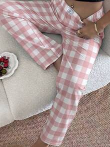 Napfluff Pantalones de estar por casa rectos de cintura elástica con estampado de cuadros rosas para mujer - Rosa - Ver 6
