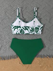 SHEIN Teen Girl Green Leaf Print Solid Color Shorts, Suitable For Summer Beach Vacation, Swimwear Set - Dark Green - View 2