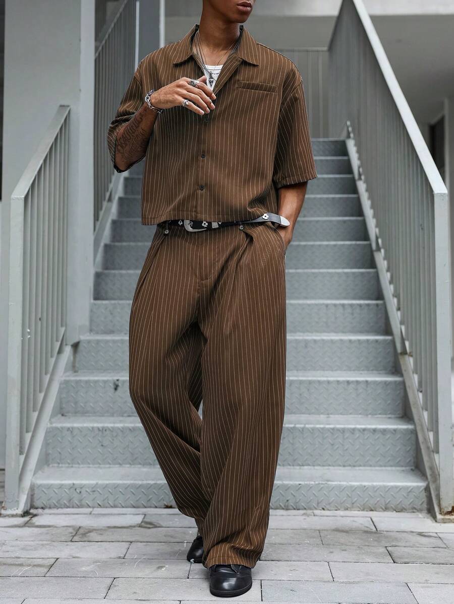Major Grit 男士休闲街头风短袖上衣长裤套装。街头服饰,朋友,情侣装,宽松版型,男士,印花,日系风格,男女皆宜,我爱我的女朋友 - 棕色 - 查看 1