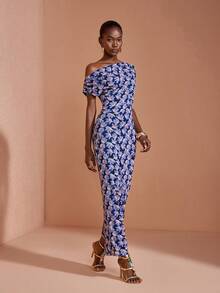 JIAN LASALA All-Over Print Mesh Women Bodycon Maxi Dress Vacation Navy Blue Floral Summer Romantic Elegant - Multicolor - View 1