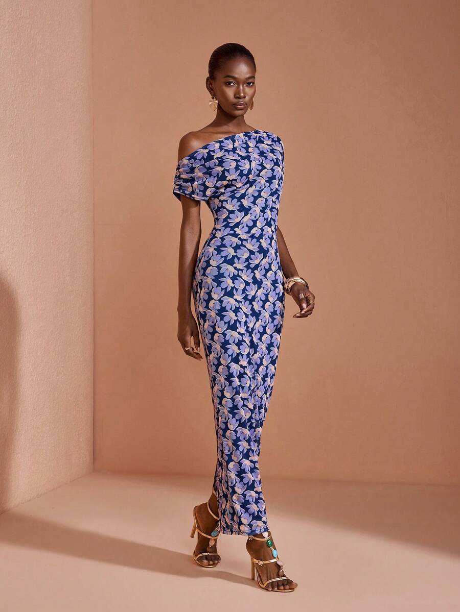 JIAN LASALA All-Over Print Mesh Women Bodycon Maxi Dress Vacation Navy Blue Floral Summer Romantic Elegant - Multicolor - View 1