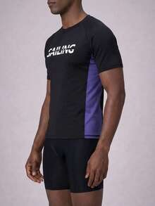 ZELFYO Men's Simple Print Short Sleeve Rashguard Set,Black Summer Atletic Beach Swim Shirt,Shorts,Sun Protection Swimwear,Surf Swimming Sets,Cruise Clothing - Black - View 4