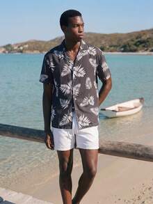 Palasendo Men's Front Button Short Sleeve All-Over Print Casual Top And Shorts Beach Set,Hawaiian - Black and White - View 4