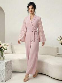 Modelyn Combinaison à manches longues avec taille cintrée, motif floral patchwork couleur unie, pour un port quotidien - Rose bonbon - Voir 1